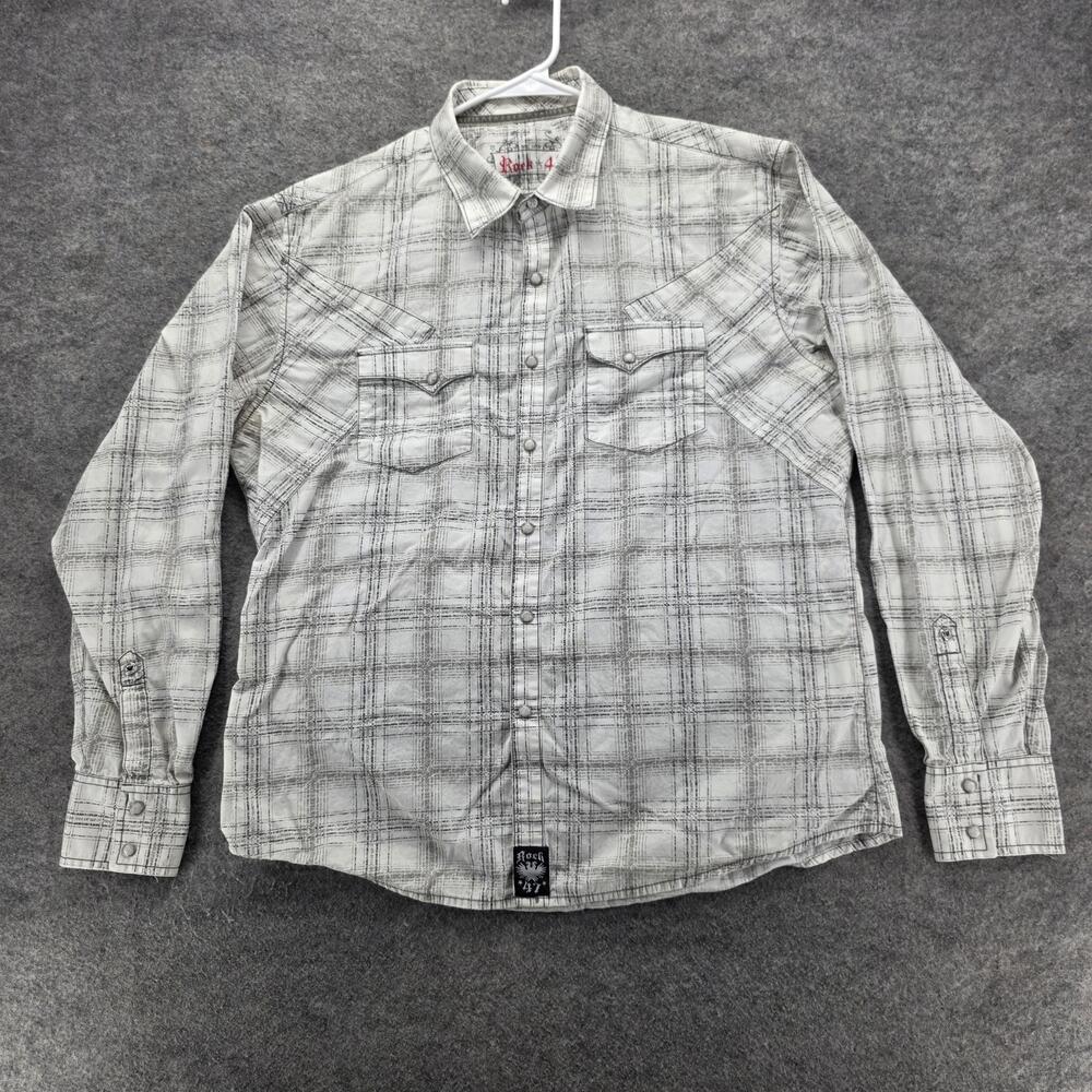 Rock 47 Shirt Mens XL Gray White Western Pearl Snap Plaid Long Sleeve MRC 1401